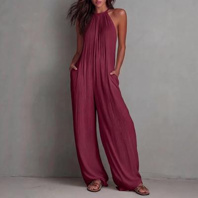 Women's Halter Neck Sleeveless Wide Leg Jumpsuit Solid Maroon Casual Romper