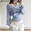 Fall Women's Solid-Color Slim-Fit Streetwear Fashion Collared Printed Long-Sleeve Top