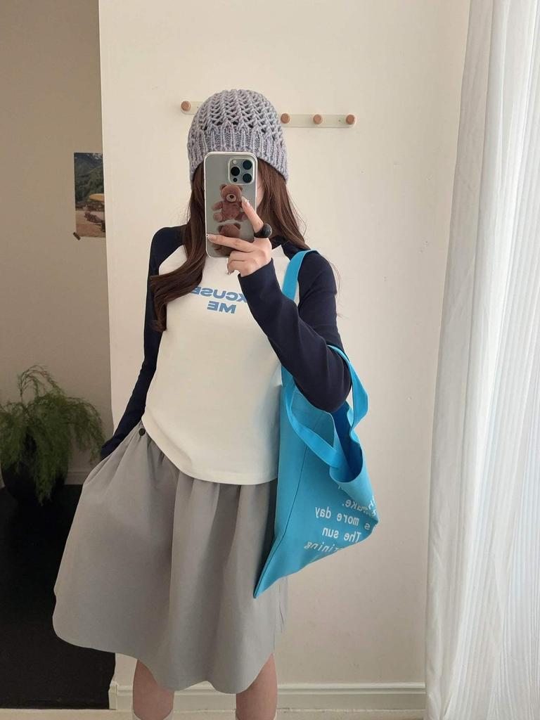 Lu Si Women's Spring Raglan Sleeve Color Block Letter Base Layer, Versatile Slimming Long Sleeve Casual Top