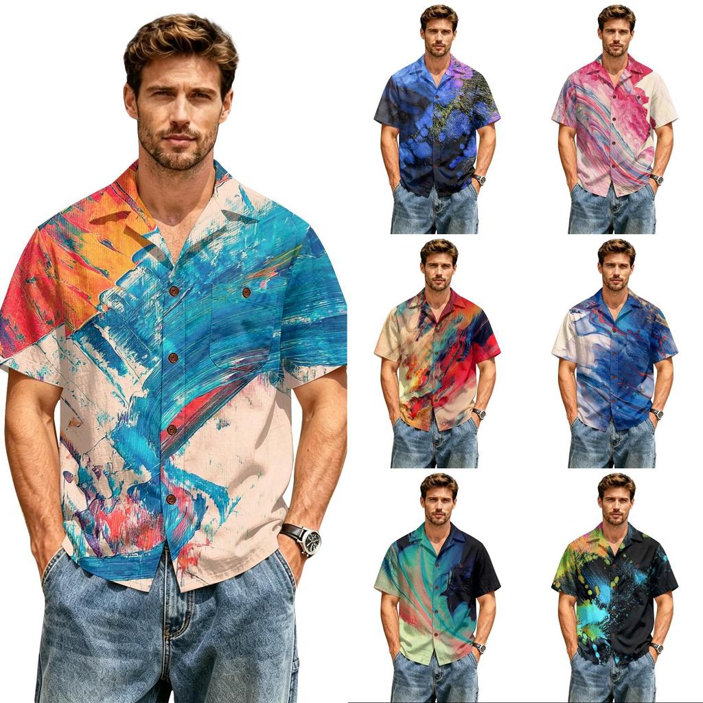 Mens Short Sleeve Casual Shirt Cotton Linen Button Down Collared Top Lightweight Breathable Summer Shirt