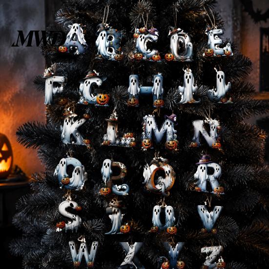 Creative Photo Prop Wall Decorations Halloween Letter Ornament, Spooky Hanging Wooden Alphabet Letters Pendant with Ghost Holiday Scenery for