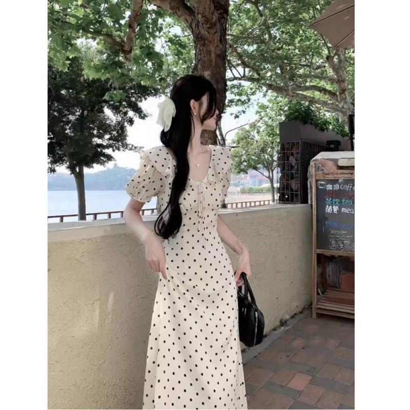 Lace-up bubble sleeve polka dot dress women's summer new ruffle leaf edge waist thin chic temperament long dress
