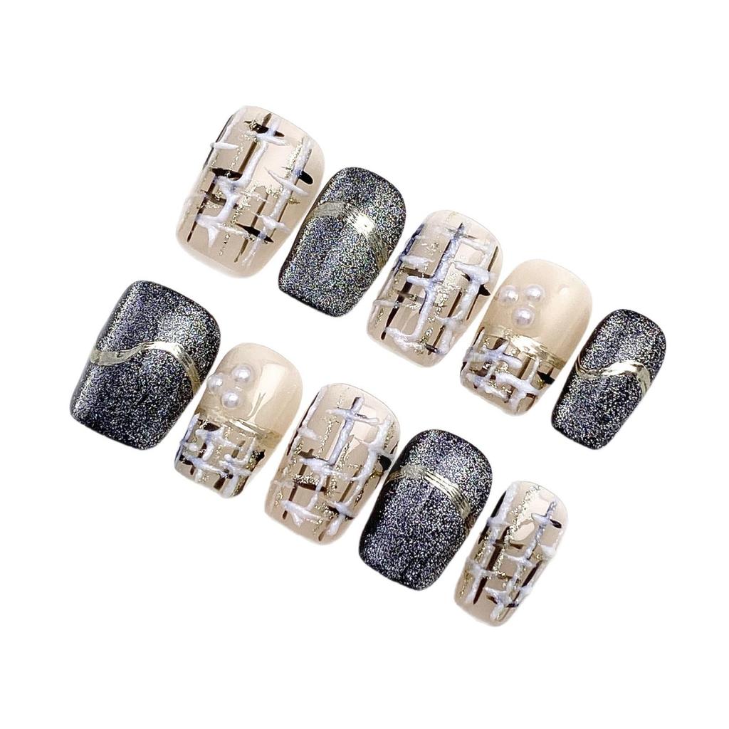 Tang Fei 3D Cat Eye Black Fragrance Nail Art - Pure Handmade, Wearable, Mirror Powder, Super Short Ladder Style