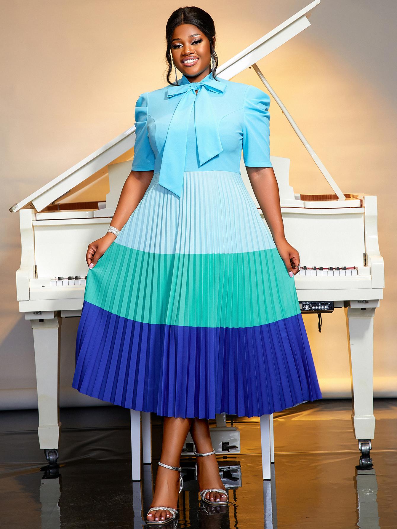 

AOMEI Фиолетовые платья миди для женщин с воротником-стойкой, коротким рукавом, высокой талией, А-силуэта, плиссированное офисное повседневное платье 3XL синий