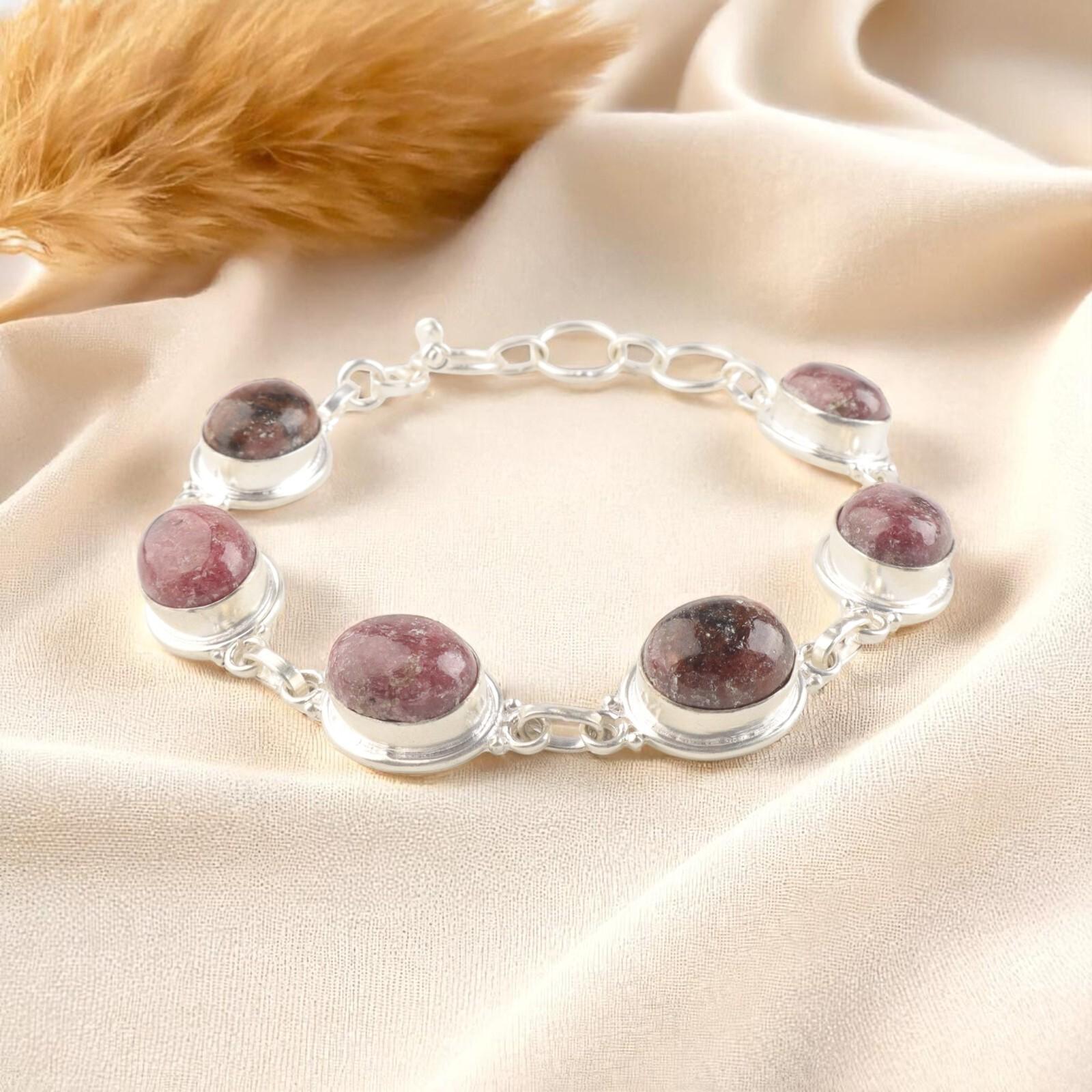 

Натуральный овальный черный родонит, драгоценный камень, серебро 925 пробы, браслет ручной работы 8,5 RB-3-22