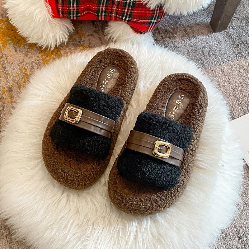 2025 new wool shoes women's winter wear soft-soled slippers lamb wool belt buckle velvet warm women's shoes
