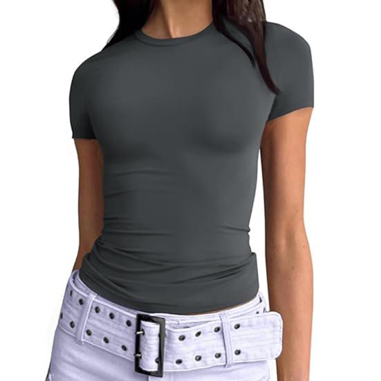 Women T-shirt Round Neck Short Sleeve Solid Color Tee Shirt Slim Fit