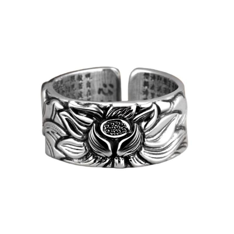 Thai silver black lotus heart sutra opening ring for men and women Silver vintage lotus novel wide silver ring ring