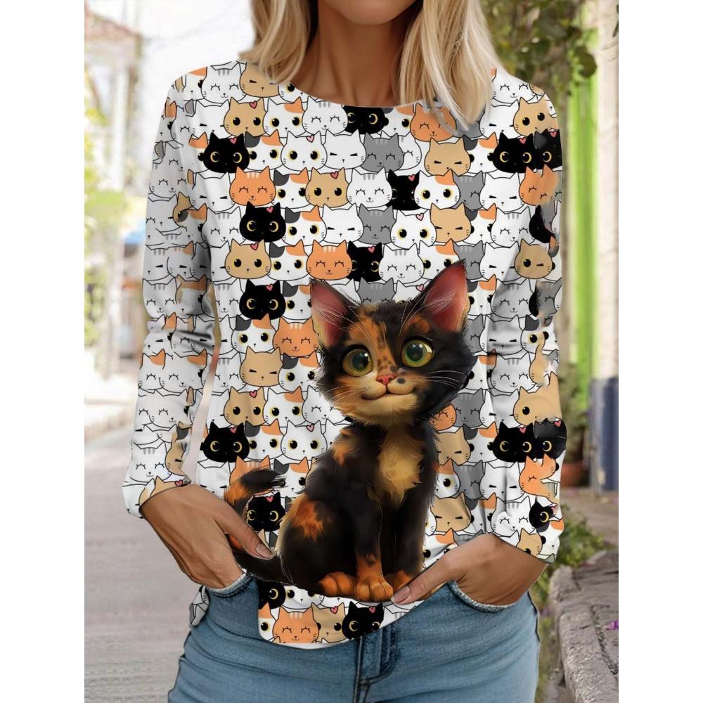 Cute Cat Women's Long Sleeves T-Shirt Round Neck Long Sleeved Autumn Animal Clothing Holiday Gift Clothing Fashion Party T-Shirt