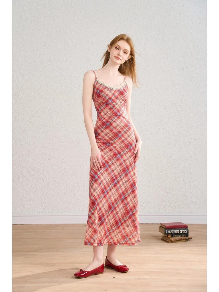 Women's Summer Plaid Mesh A-line Dress with Lace Trim and Spaghetti Straps