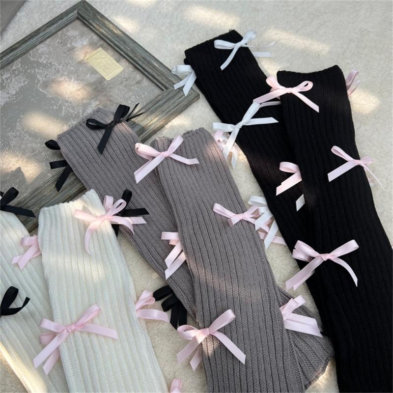 Women Japanese Style JK Girl Ribbed Knitted Leg Warmers Cute Small Bowknot Ruffled Hem Boot Cuffs Leg Cover Long Socks