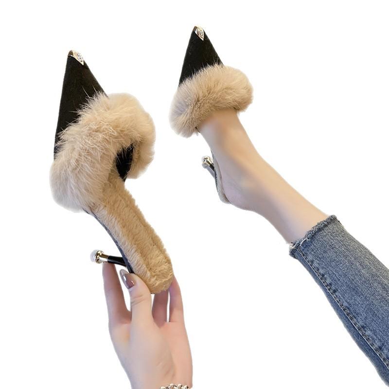 Niche Rabbit Mao Mao High Heels Women Winter Wear Thin Heel Fashion Velvet 25 Internet Celebrity Temperament Half Pack Slippers Female Tide