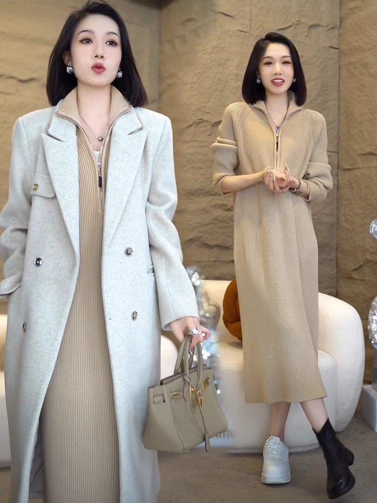 Women's Cozy High Neck Zipper Over-the-Knee Knitted Dress for Autumn & Winter