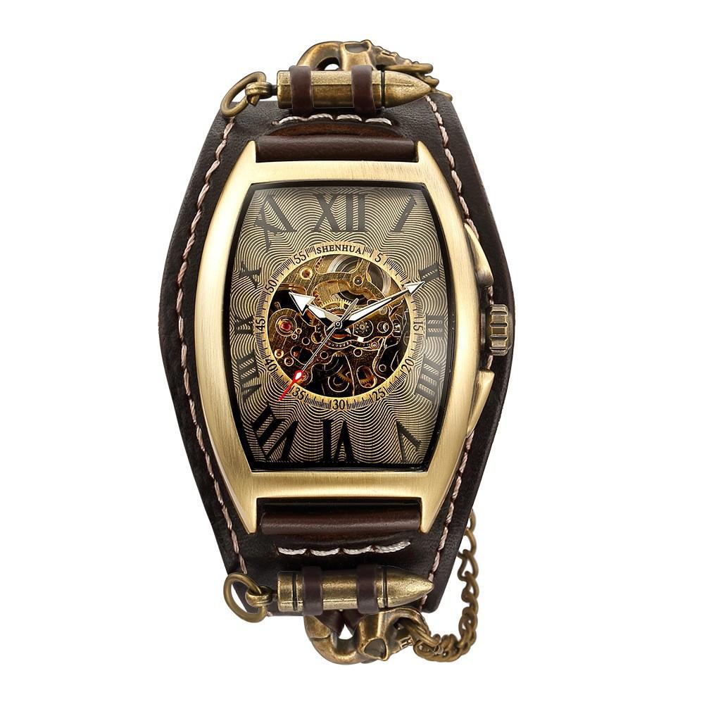 Shenhua Belt Rivet Buckle Men'S Barrel Shaped Hollow Skull Tourbillon Automatic Mechanical Watch