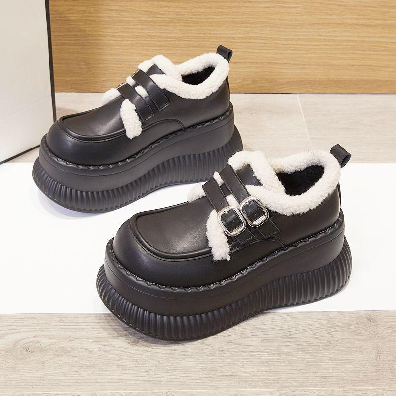 Fleece loafers women's 2025 new autumn and winter warm fluffy shoes versatile height-increasing small leather shoes muffin platform cotton shoes