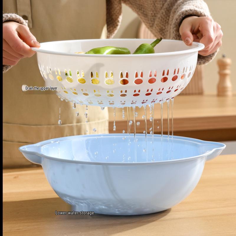 Double-Layer Round Drain Basket: Kitchen Plastic Rice & Vegetable Washing Basin