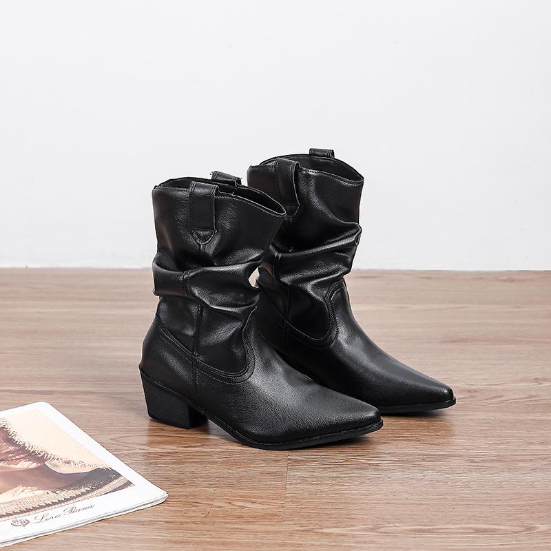 

2025 осень ретро тонкий острый носок толстый каблук короткие ботильоны женские осень и зима новые ботфорты ковбойские ботинки мартинсы 40