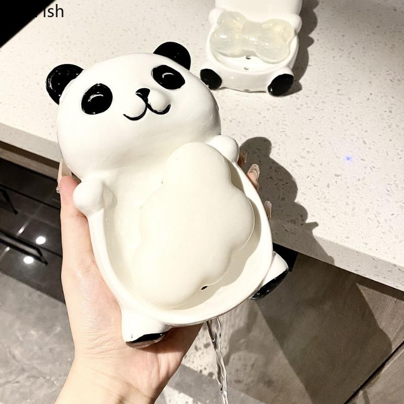 Cute Panda Soap Dish Hotel Wash Desk Drain Fertilizer Soap Dish Ceramic Storage Decor Bathroom Accessories Home Decoration Art