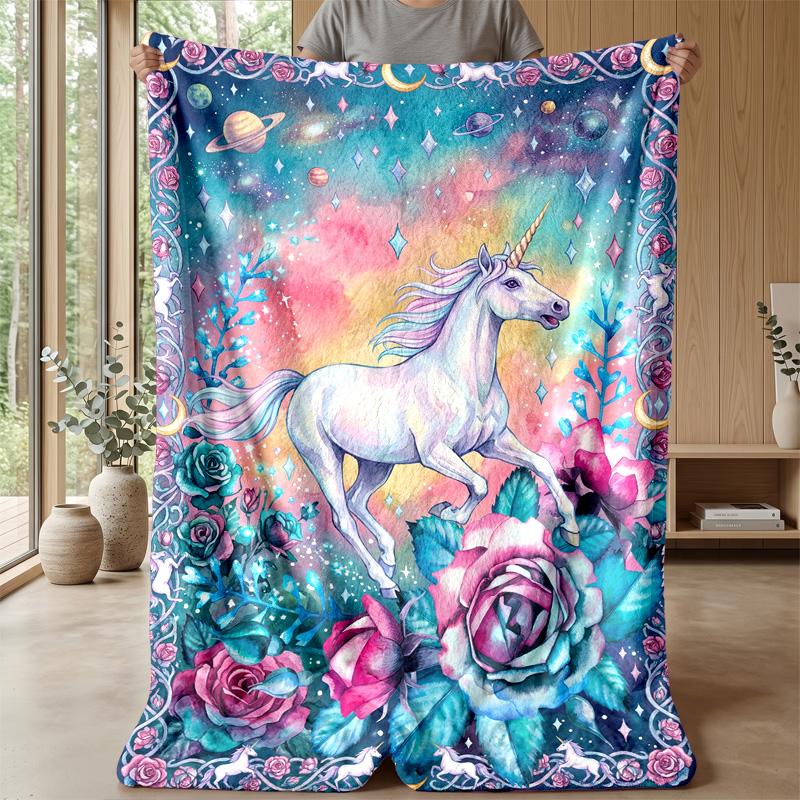 Magical Unicorn in Starry Garden Theme blanket Lightweight Warm Flannel Blanket Decorative Throw Blanket for Home Decoration