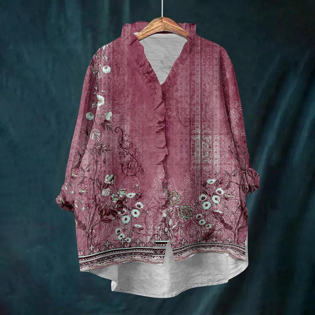Damen Locker Rüschen Floralprint Stehkragen Langarm Baumwolle und Leinen Top