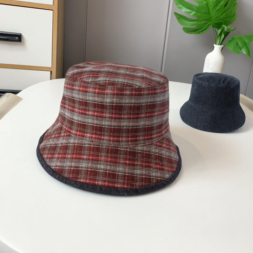 

High-Quality Plaid Double-Sided Denim Fisherman Hat Children S Autumn Flat-Top Basin Hat Versatile Japanese Face Hat