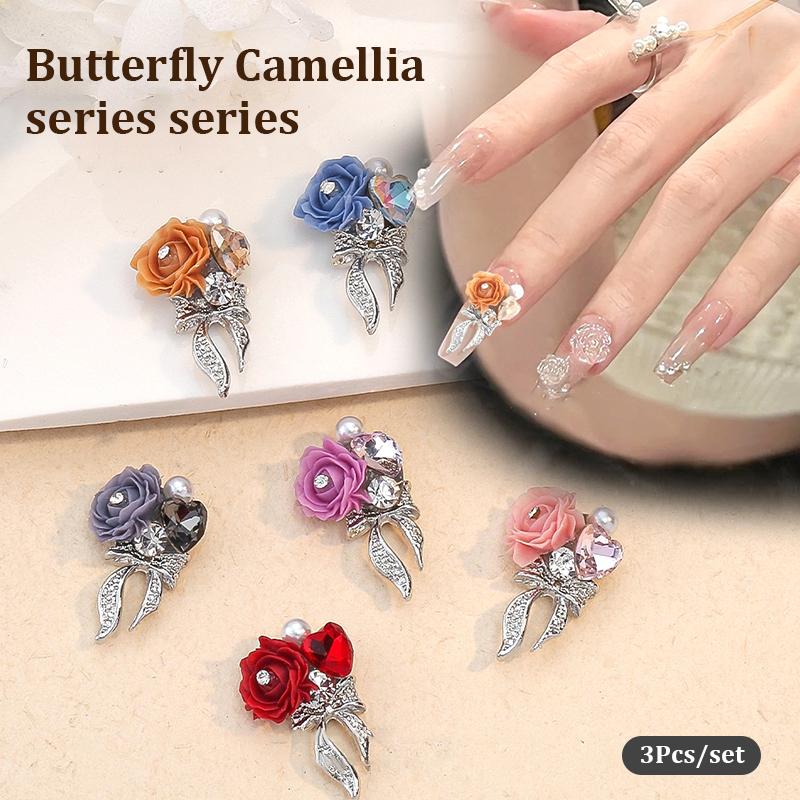 3Pcs Diy Nail Art Decoration 3D Bow-Tied Camellia Nail Art Charm Rose  Nail Drill For Valentine'S Day Manicure Design