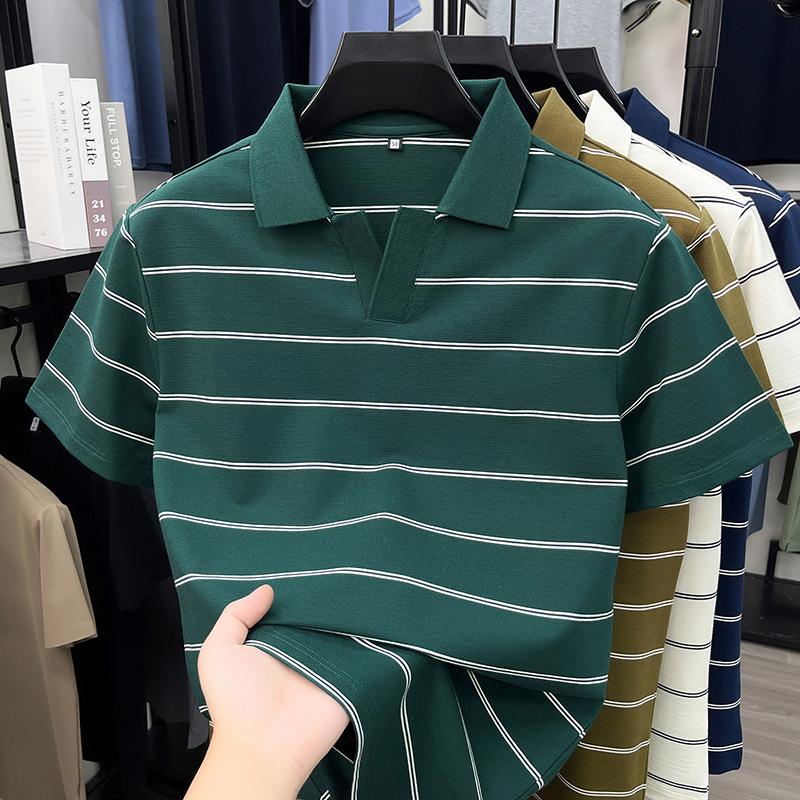 2026 Seagull Collar Striped Polo Shirt for Men - Short Sleeve Summer Lapel Tee for Dad