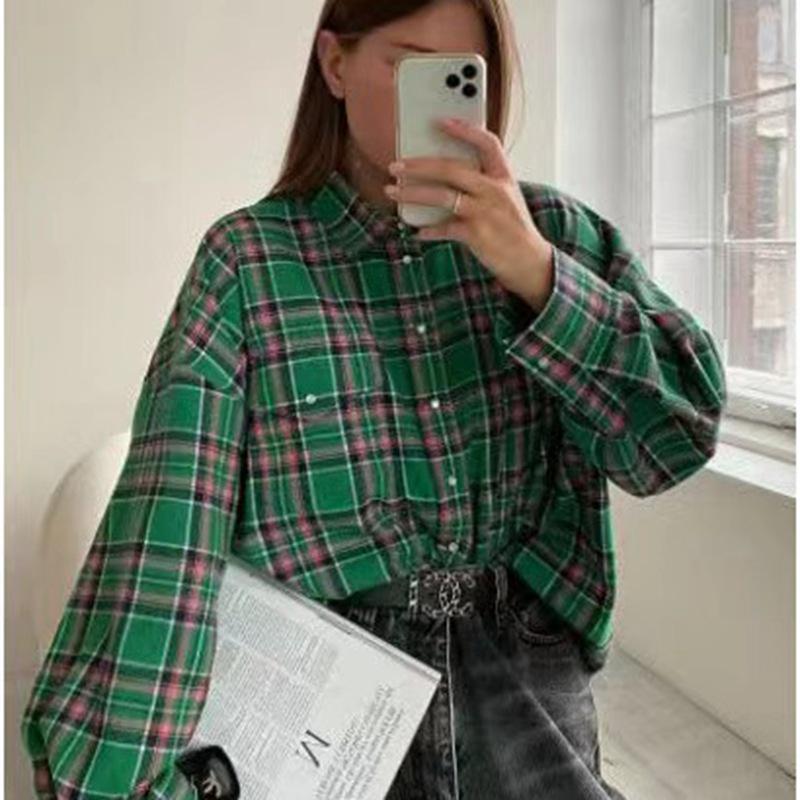 2024 Retro Plaid Loose Shirt: Fashionable Spring/Autumn Style for Women