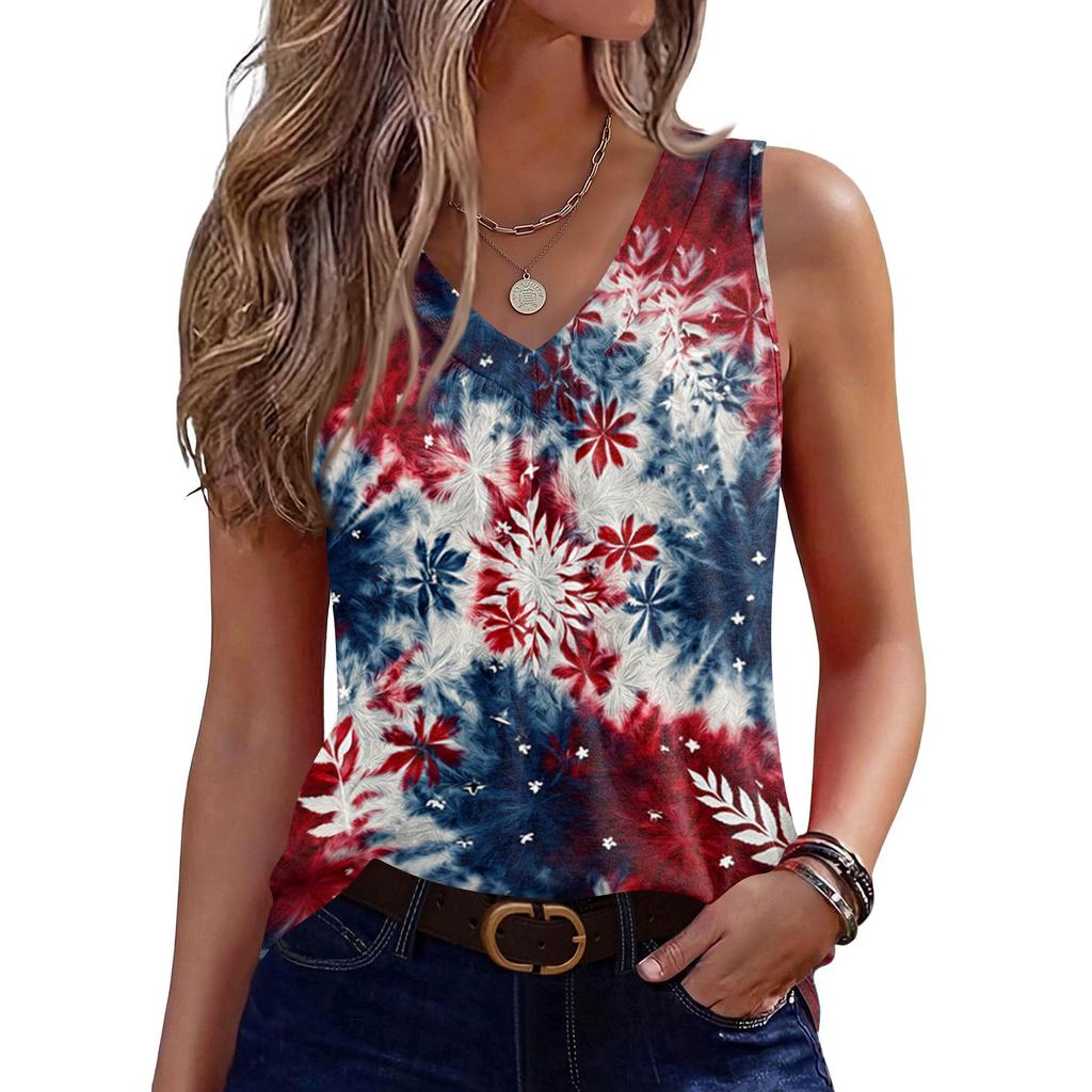 V-Neck Tank Top Women Print Tank Tee Casual Loose Fit Sleeveless Shirt
