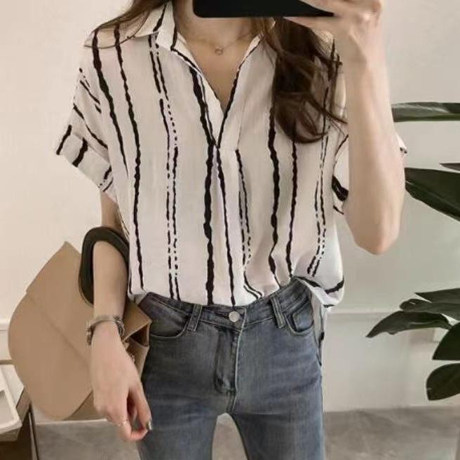 Women's Three‑Quarter Sleeve Blouse V Neck Elegant Office Shirt Casual Loose Chiffon Top