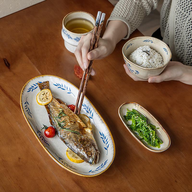 Retro Plate Household 12-Inch Ceramic Fish Plate Oval Steamed Fish Plate Restaurant Large Vegetable Plate Exit