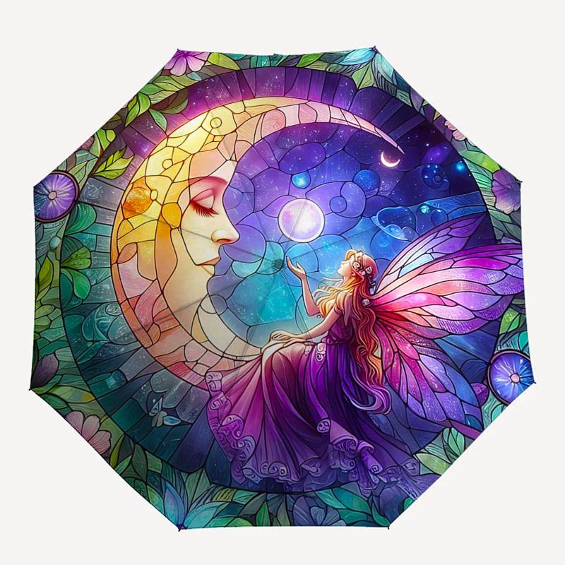 1pc Stained Glass Fairy Moon Auto Open Close Umbrella - Portable Folding Design with 8-Bone Iron Frame, Outdoor, Gift for Fans, Travelers, Daily Use.K