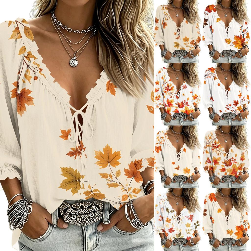 Women's Casual V-Neck Printed Blouse with Three-Quarter Sleeves and Tie Ruffle