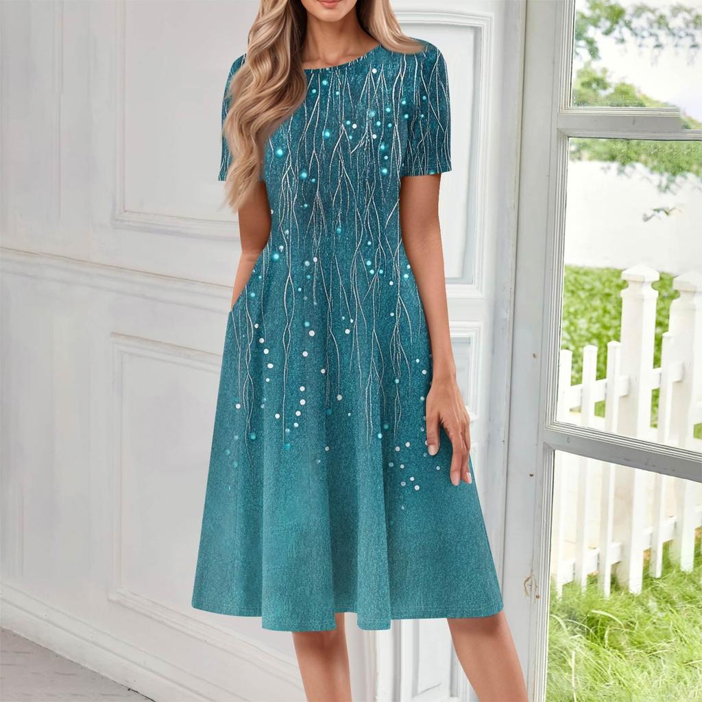 Women's Casual Fashion Round Neck Short Sleeve Floral Printed Midi Dresses