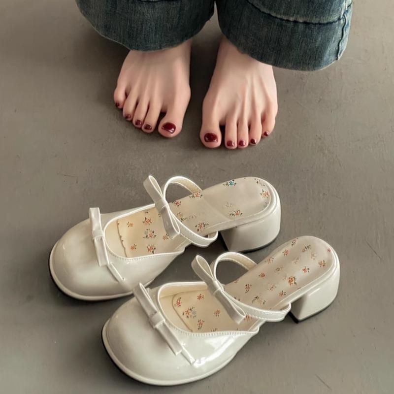 Small Floral Baotou Slippers for Summer Wear New Round Toe Shallow Mouth Bow with Skirt Block Heel High Heel Sandals