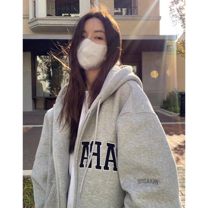 Women's Hooded Long Sleeve Zip Up Hoodie Oversized Fit Streetwear Letter Embroidery Polyester Casual Fall Sweatshirt Couple Jacket