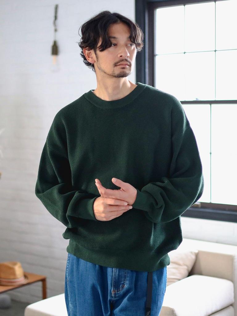 B:MING LIFE STORE by BEAMS Men's 12-Gauge Long Sleeve Crew Neck Knit, Single Rib, Wide Fit, Green, Size S_92150361286
