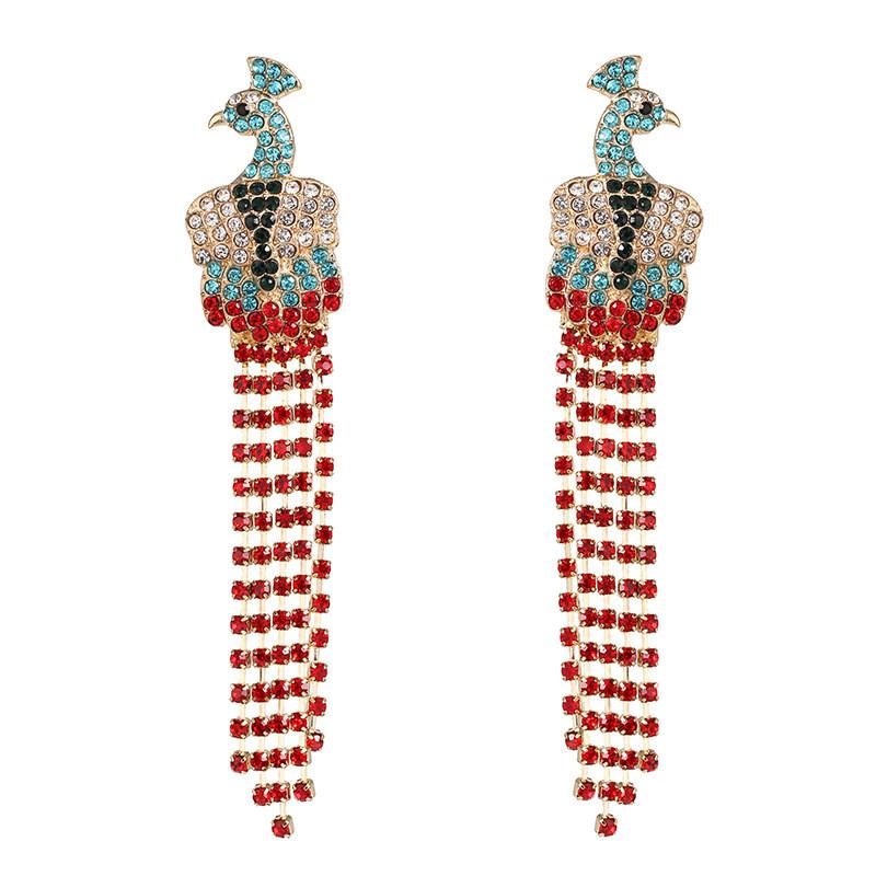 Pinkdudu Peacock Fringe Stud Earrings Elegant Dangle Earrings with Rhinestone PD2428