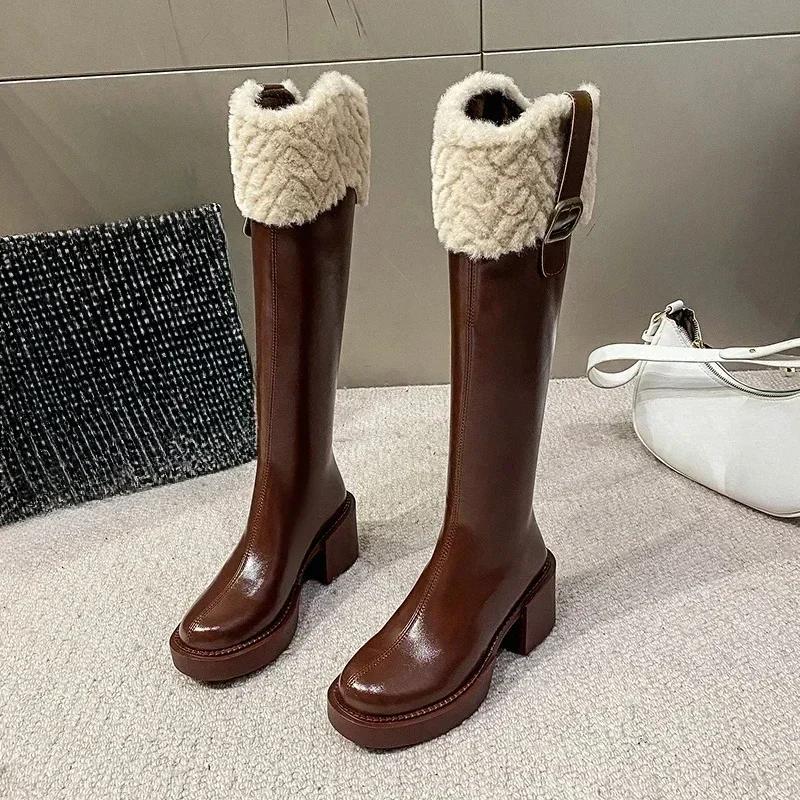 Women Knee High Chelsea Boots Keep Warm Boots for Women Fur Zipper Female Platform Boots Plush Edge Women Shoes New