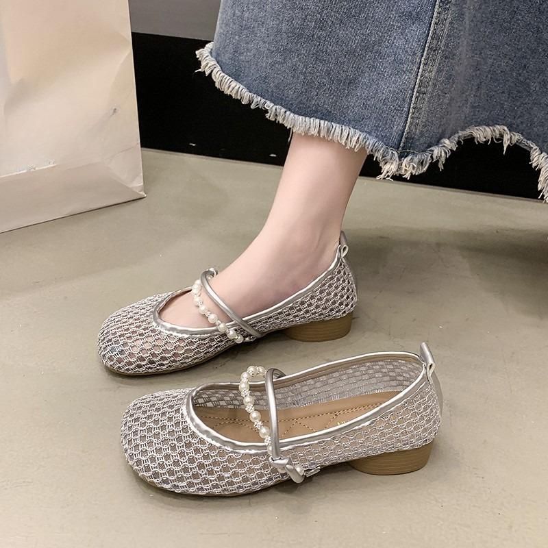 Fashion Slip-on Chunky Single Mary Jane Women's Sandals 2025 New Summer French Cutout Woven Low Heel Mesh Shoes