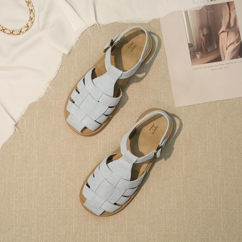 Roman Sandals Women's 2025 Summer Breathable Leather Outer Wear Retro Hollow Flat Bottom Not Tired Feet with Skirt Beach Shoes
