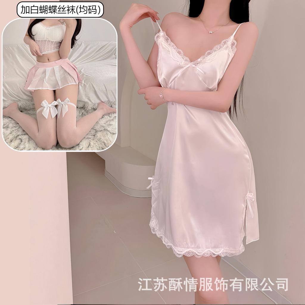 Sexy pure desire style new lace suspender nightdress women's satin thin sexy deep V split set