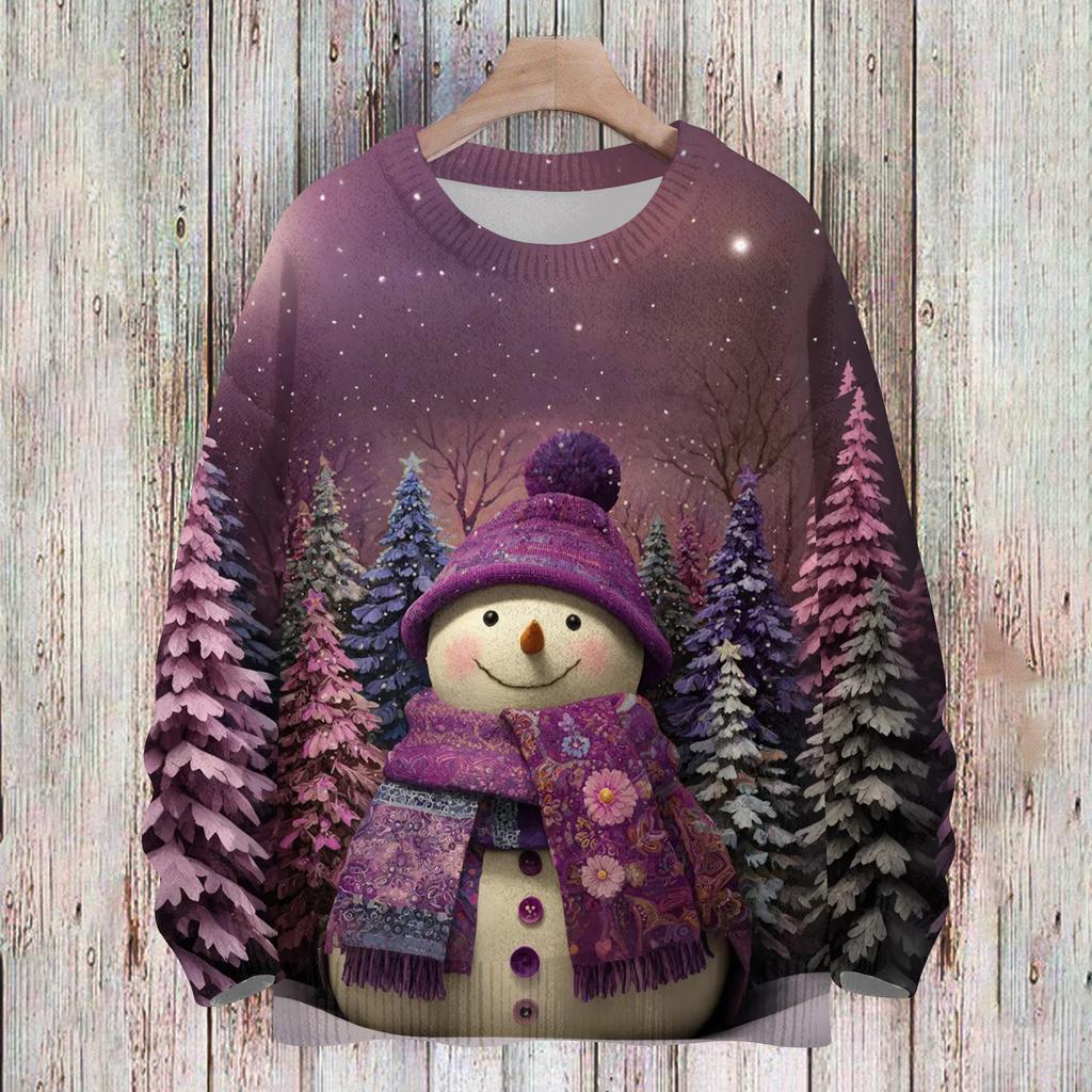 Ladies' Fashionable And Casual Christmas Cute Printed Round Neck Long Sleeved Knitted Yarn