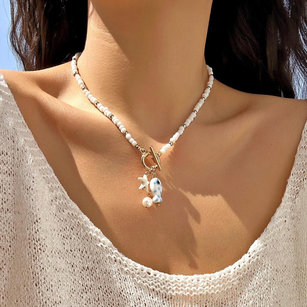 Charm Ocean OT Buckle Bohemia Starfish Pendant Necklace for Women Handmade Rice Beads Ceramic Fish Choker Girls Party