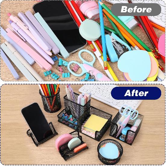 Mesh Pen Holder for Desk Pencil Holders 6 Pieces Desk Organizer Office Supplies Caddy with Sticky Notes Holder for Office School Home Black