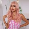 ALAN EATON Synthetic Wigs Long Wavy Hairstyle Pink Color Full Wigs with Bangs for Women Heat Resistant Fiber Wig