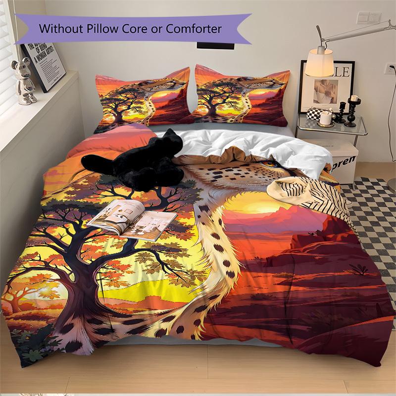 3pcs Cheetah Print Bedding Set - 1 Duvet Cover + 2 Pillowcases(Core Not Included), Machine Washable Polyester yy251216105
