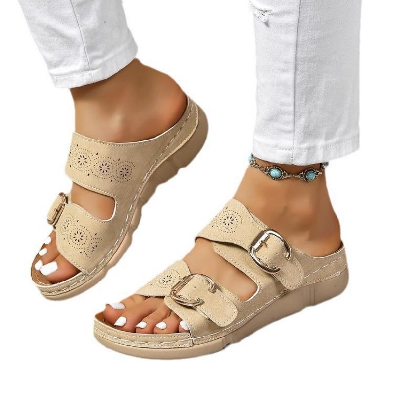 Large size wedge slippers women's summer new belt buckle light outer wear fashion slippers women