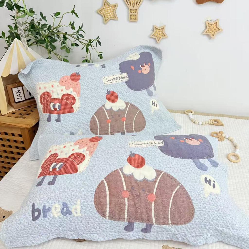 Cartoon Cotton Gauze Pillowcase Set: Soft, Breathable, Sweat-Absorbent Pillow Covers.