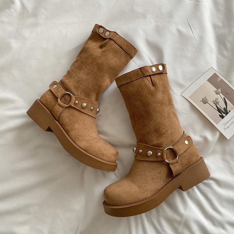 

New spot British style thick heel Martin boots women s 2025 new western stacking boots metal buckle versatile thick bottom 40 хаки